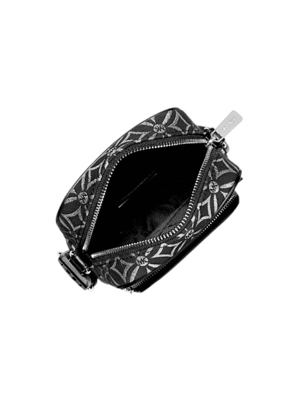 NWT Michael Kors Jet Set Crossbody Black Metallic Silver Logo Jacquard - Picture 3 of 10